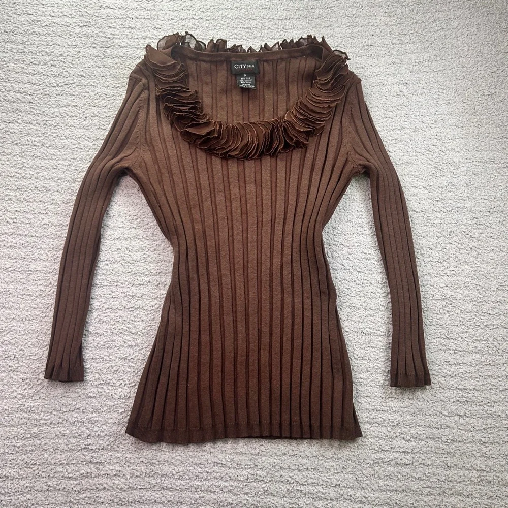 City Silk Ruffle Neck Ribbed Sweater Brown Medium Y2K Whimsygoth Fairycore 90s